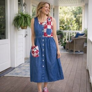 VTG 70s Krist Gudnason Sleeveless Midi Dress Medium Nautical Theme Denim Pockets